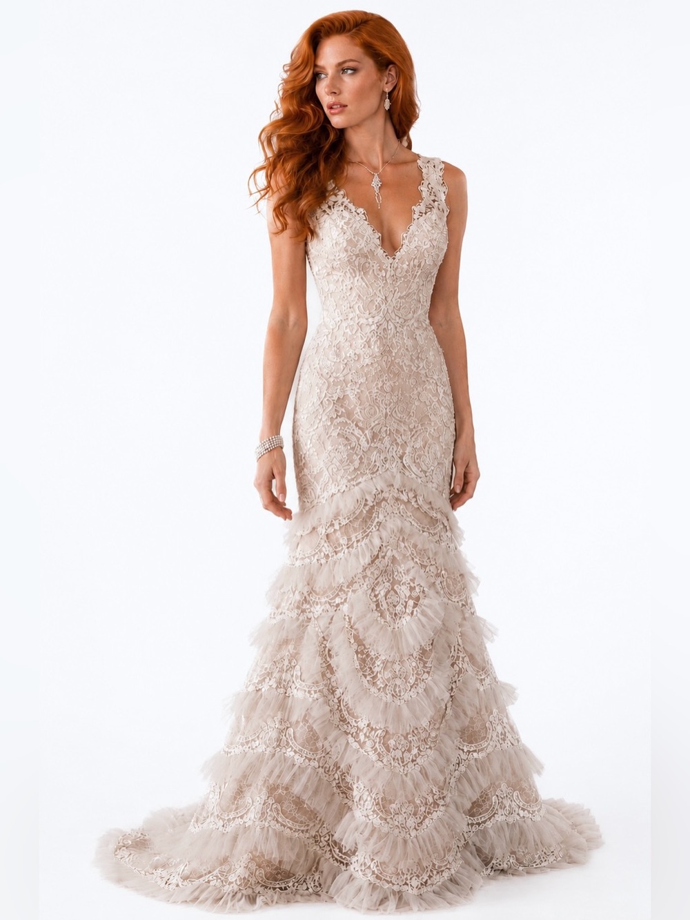 Galina Signature SWG689 Beaded Lace Ruffle Wedding Gown Ivory Nude 4 NWT